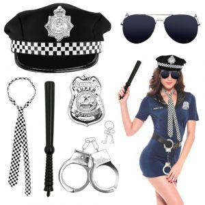 7 Pièces Ensemble D'accessoires de Déguisement de Police,Casquette de police, menottes, insigne de police, matraque, cravate, lunettes noires, clés, costume de carnaval, accessoires de police (MEIQIONGSHAO LIMITED, neuf)