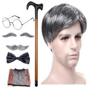 Huehkir Ensemble de perruques de vieil homme, cosplay de vieil homme - Kit de costumes de grand-p&egrave;re 8 pi&egrave;ces/ensemble - Perruque canne de marche, lunettes, Faux sourcils, moustache artificielle, n&oelig;ud (huiyf, neuf)