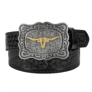 LEACOOLKEY Ceinture western pour hommes et femmes Cowgirl Cowboy gravée en relief Tooled Ceinture en cuir avec boucle pour pantalon en jean Rodeo, Noir (boucle taureau), (130CM)Passform Taillenumfang (LEACOOLKEY, neuf)