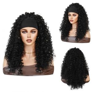 Perruque foulard femme noire bandeau noir africain cheveux longs bouclés 65 cm 24 pouces perruque longue perruque cheveux longs bouclés casque en Fiber Cosplay Perruques (Black, 65cm) (Judesuper & Doublehero, neuf)