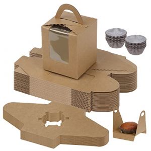 Fippy Lot de 50 Bo&icirc;tes &agrave; Cupcakes Individuelle avec 100 Moules &agrave; Cupcakes en Papier, Bo&icirc;te &agrave; Muffins &agrave; Cupcakes avec Fenetre, Boite a Gateau Carton pour Cupcake Muffin, Brun (Zeengo, neuf)
