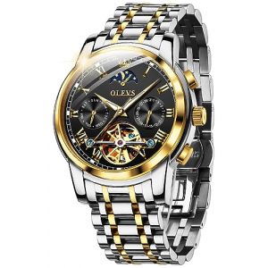 OLEVS Hommes Montre M&eacute;Canique Automatique De Luxe &eacute;Tanche &agrave; Remontage Automatique Phase De Lune Chronographe Acier Inoxydable Night Light Watch Noir (OLEVS, neuf)