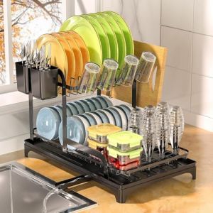Yexati &Eacute;gouttoir &agrave; Vaisselle de Grande Capacit&eacute;，Egouttoir Vaisselle &agrave; 2 &eacute;tages avec &eacute;gouttoir ，Egouttoir Vaisselle sur Evier Antirouille pour comptoir de Cuisine Plus Porte Ustensiles,Noir (WORL DWIDE, neuf)