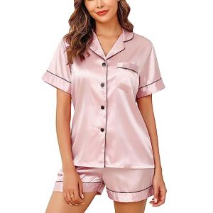 Vlazom Pyjama Femme Ete Court Ensemble de Pyjama en Satin V&ecirc;tements de Nuit &agrave; Manches Courtes,L,Rose Chair (Vlazom, neuf)