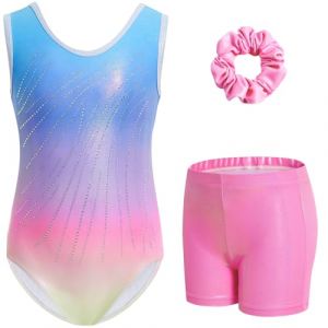 Gogokids Ensemble de Gymnastique Trois Pi&egrave;ces pour Filles, Justaucorps Sans Manches avec Shorts et Bandeau, Tenue de Gymnastique avec Design de Couleur Scintillants D&eacute;grad&eacute;e pour 8 &agrave; 9 Ans (KunTee, neuf)