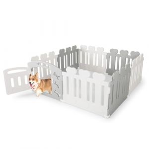 COSTWAY Parc pour Chien à 8 Panneaux avec Porte, Enclos Chien en HDPE avec Motifs d'Os Mignons, Barrière de Sécurité pour Petits Moyens Animaux Chiot Chat Lapin, 155 x 155 x 60 CM (Blanc+Gris) (FDS GmbH, neuf)