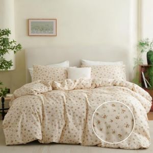 Freyamy Housse de Couette en Coton 240x260+2 Taie d'oreiller 65x65cm Beige Kaki Vert Fleurs N&oelig;ud Papillon Parure de lit 2 Personnes Adulte Floral Sets de Housse Couette Fleurie avec Fermeture &Eacute;clair (Mitchell'SZ, neuf)