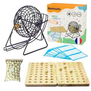 Bashtastic Bingo Jeux Loto - Bingo avec Boulier Loto Métallique, Tableau en Bois Pliable Gravé, 90 Boules en Bois Gravées et 102 Cartons Loto Réutilisables. (PONSCA, neuf)