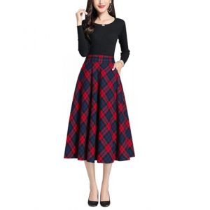 BiilyLi Jupe Longue Femme Hiver &Eacute;l&eacute;gant Laine Carreaux Haute Taille A-Ligne Midi Jupes Casual Skirt Rouge -M(Taille &eacute;lastique: 73 cm) (Five Magnolia Flowers, neuf)