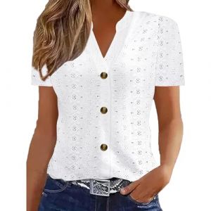 Chemisiers Et Blouses Femme Tunique Chemisier Femme Manche Courte Chic Et ÉLéGant Chemises Couleur Unie ÉTé Ample Haut Top à Revers LâChe Respirant Blouse Grande Taille Col V Button T Shirts (5.0⭐⭐⭐⭐⭐(vente flash/soldes)Yaair-OEF, neuf)