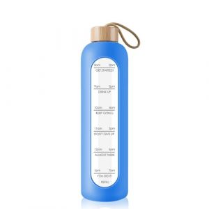 Bouteille en verre de 1L avec marques de temps - Bouteille d'eau sportive en verre avec couvercle en bambou pour le sport, les loisirs, 1000ml, r&eacute;utilisable, incassable, avec &eacute;tui en silicone. (Gistome Direct, neuf)