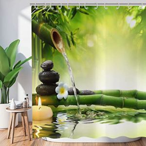 Hnmdmyi Rideau de Douche Zen Jardin 150x180, Spa Bambou Vert Pierre Noire Fleur Blanche Rideau de Baignoire Méditation Japonaise Détente Tissu étanche Lavable Rideau de Bain avec Crochets (Hnmdmyi, neuf)