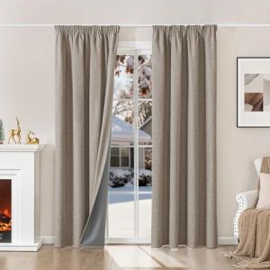 Runy&eacute;la 100% Rideau Occultant Thermiques Isolant Anti Froid, 2x120x230(LxH) Rideaux Lin Opaque avec Galon Fronceur pour Rail de Salon Chambre Masion Anti Chaleur Bruit (Runi-EU, neuf)