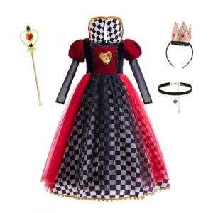 Lito Angels Deguisement Costume Robe Reine de Coeur Alice au pays des merveilles avec Accessoires pour Enfant Fille Taille 6-7 ans, Rouge Noir (&eacute;tiquette en tissu 130) (Lito Angels FR, neuf)