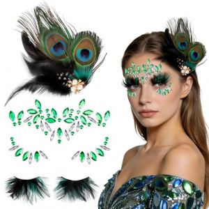 Becellen 4 Pi&egrave;ces Accessoire Plume de Paon D&eacute;guisement, Barrette &agrave; Cheveux Carnaval Femme Plume Cheveux Faux Cils Strass Autocollant Visage D&eacute;guisement Accessoire (Becellen, neuf)