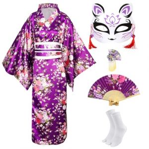 CRFASIBE 5 Pi&egrave;ces Kimono Japonais Femme, Motif Floral Kimono Robe, Japonais Peignoir Yukata Geisha, D&eacute;guisement Cosplay Costume Set avec Accessoires (Violet) (YEEGERINC, neuf)