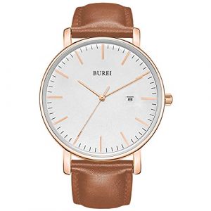 BUREI Montre Quartz Ultra-Fine pour Homme Mouvement Quartz Japonais m&eacute;canique pour Homme Le pour Les Gentlemen (Blanc et Marron, Bracelet de Montre en Cuir) (EU Watches, neuf)