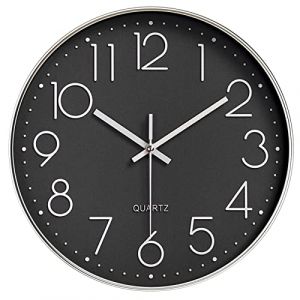 Nutabevr 12 Pouces Horloge Murale,30CM Moderne Horloge de Salon &agrave; Quartz Silencieuse &agrave; Piles Ronde, Aspect Simple pour Chambre, Cuisine, Bureau, Caf&eacute; Bar d&eacute;coration Murale (Noir argent&eacute;) (Spark Streamlabs Kft., neuf)