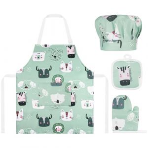 ABOHU Tablier de Cuisine Enfant avec Toque, Gants de Cuisine et Manique,Tablier de Cuisine Réglable avec Poches,Tablier Enfant Ecole Filles ou Garçons pour Cuisson Peinture Artisanat Jardinage (Poyurs, neuf)