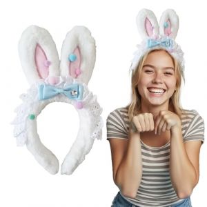 GrandSail Serre-tête oreilles de lapin en fourrure pour fête, bal, cosplay, accessoires de cheveux pour femme, bandeau oreilles de lapin de Pâques pour jeu de rôle, costume en peluche, blanc (grandsail, neuf)