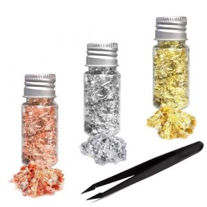 Feuille d'or Papier,3 Bouteilles de Feuilles d'or D&eacute;coratifs Paillette Feuille d'or Or Argent Rose Leaf Flakes D&eacute;coratif Papier avec Pince &agrave; &eacute;piler pour Artisanat D&eacute;coration et Bijoux en R&eacute;sine (Funng, neuf)
