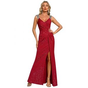 Ever-Pretty Robe de Soir&eacute;e Femme Longue Moulante Fendu Col V Plis Bandouli&egrave;re &agrave; Sequins Haute &Eacute;lasticit&eacute; Rouge 38 (Ever-Pretty Plus, neuf)