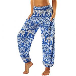 Nuofengkudu Femme Harem Pantalon Sarouel Thaïlandais Hippie Baggy Léger Boho Ethnique Smockée Taille Haute avec Poches Yoga Pants Été Plage ,Bleu Éléphant,Taille unique (better Life, neuf)