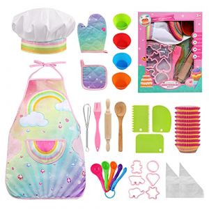 LEADSTAR Tablier Cuisine Enfant, Kit Patisserie, Set de Deguisement Cuisinier Accessoire, Jeu de Rôle du Chef pour Fête Anniversaire Halloween Noël pour Fille de 3 à 12 Ans (Ling EU, neuf)