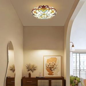 Plafonnier Style Tiffany Victorien,R&eacute;tro Vitrail Lampe de Plafond en Vitrail, Semi-Encastr&eacute;, Motif Floral, E27, pour chambre, salle &agrave; manger, entr&eacute;e, salon et cuisine (D:40CM) (Chao Zan Maoyi, neuf)