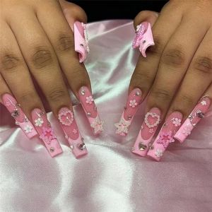 Faux ongles, ongles à presser Faux ongles longs en forme de cercueil avec colle, faux ongles marron portables avec strass, presse de Ballet, couverture complète(19) (zhangtingamz, neuf)
