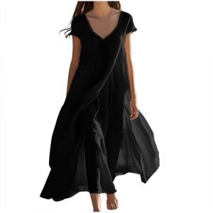 Femme Robe Boheme Chic Coton Lin Manches Longues/Manches Courtes Robe Col V Elegant Robes Swing D'éTé Plage DéContracté Maxi Robes Grande Taille Couleur Unie BohèMe Mi-Longue Dress (HAOLEI  FR, neuf)