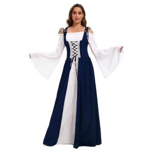 Gammify Robe m&eacute;di&eacute;vale pour femme, longue, costume de renaissance victorienne, de princesse, manches trompette, style gothique, Bleu, Taille XL (Feynman-EU, neuf)