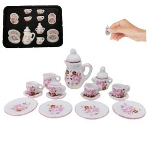 Tiny Tea Set 15 pi&egrave;ces &eacute;chelle 1:12 Ensemble de th&eacute; Miniature en Porcelaine Mini Tasses th&eacute;i&egrave;re Assiettes Motif Rose Maison de poup&eacute;e pour Maison poup&eacute;e Cuisine Style 3 Minuscule, Miniature, Mini (Msocorunws, neuf)