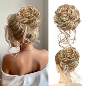postiche chignon blond Messy Bun Postiche avec élastique Cheveux synthétiques avec cheveux Tousled Updo Postiche pour femmes et filles (mélange blond) (Shangxiu company, neuf)