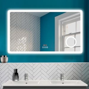 HAPAOSO Miroir Salle de Bain LED 140x80 cm，avec Bluetooth，3X loupe，Horloge,3 Couleurs+dimmable，Anti-buée, Miroir Mural (Summer Showers, neuf)