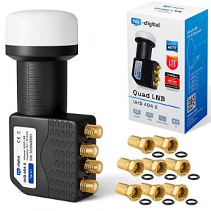 QUAD LNB LNC 4 participanes Directe Quattro Commutateur 4-compartimens FULL HD TV 3D 4K + Contacts dorés + Protection contre les intempéries (extensible) ASSIS Satellite Tête du récepteur de satellite en HB DIGITAL ENSEMBLE avec 8 F-Fiche plaquée d'or Gra