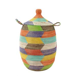YAADU XXL Panier à linge avec couvercle 100L - Panier à linge tissé, Africain grand panier de rangement, à linge avec poignées, Modell Ubuntu (Blanc,bleu,coloré,jaune,rouge) (YAADU, neuf)