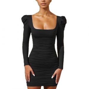 EMOTTOS Mini Robe Moulante Sexy pour Femme, Bodycon &agrave; Manches Bouffantes, &Eacute;l&eacute;gante Decollete Cocktail avec Col en U, Courte Ouverte sur Le Devant pour Clubbing, Noir, L (EMOTTOS, neuf)