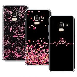 EuoDuo 3-Pi&egrave;ces pour Samsung Galaxy J6 2018 Coque Silicone Transparente avec Motifs Ultra Fin TPU Souple Bumper Housse Etui de Protection, Noir C&oelig;urs d'amour Rose Fleur (VLQI, neuf)