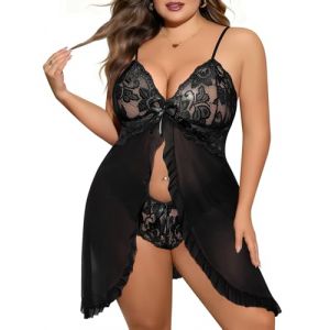 UMIPUBO Nuisette Sexy Femme Grande Taille Ensemble de Lingerie Sexy Coquine Hot Tenue Babydoll Teddy V&ecirc;tement de Nuit Col V Dentelle Robe de Nuit avec Sensuelle Culotte XL-4XL (Noir, 3XL) (Bukely, neuf)