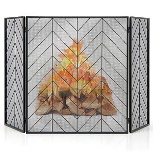 GOPLUS Pare Feu Cheminée Pliable 3 Panneaux en Fer, Écran de Cheminée Pare-Étincelles pour Décoration de Salon, Grille de Protection pour Cheminée Autoportante Style Moderne (Arbre Noir, 132x78CM) (Augenstern24, neuf)