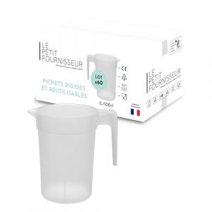 LPF LE PETIT FOURNISSEUR - Lot de 60 Pichets réutilisables 1 Litre - Polypropylène plastique alimentaire rigide (PP) - Carafe à eau, thé glacé, boissons - Compatible lave-vaisselle - Transparent Givré (Le Petit Fournisseur, neuf)