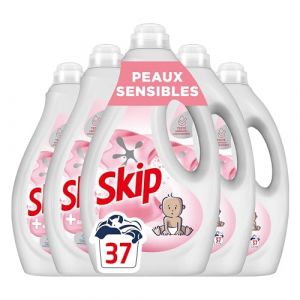 SKIP - Lessive Liquide Peaux Sensibles - Contre les taches tenaces - Parfum léger et agréable - Testée dermatologiquement - Lot de 5x37 lavages (Speedyshop livraison rapide, neuf)