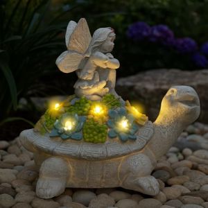 D&eacute;coration de jardin solaire en forme de tortue avec lumi&egrave;res LED &ndash; Lot de 1 &ndash; Statue de tortue d'ext&eacute;rieur de 20 cm avec plante succulente et f&eacute;e sur le dos, figurine d&eacute;corative pour terrasse, balcon (ILFD GROUP LTD, neuf)