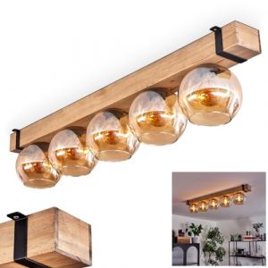 Plafonnier Montgomery, plafonnier en métal/bois/verre noir/naturel/ambre, design scandinave avec poutre en bois (100 cm) et boules en verre (Ø 15 cm), 5 x douille E27, sans ampoules (hofstein, neuf)