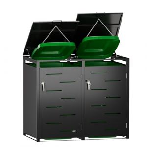 SUPEER Cache-poubelles 2 et 1 compartiments | jusqu'à 240 litres | noir | acier galvanisé | amortisseurs premium | résistant aux intempéries | tiges hydrauliques | poignée de porte avec serrure | (NuoJin, neuf)