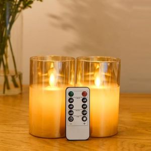 FiiMoo Lot de 2 Bougies LED, Bougies Alimente par Pile, Bougies LED Sans Flamme, Bougies Décoratives Scintillantes Sans Flamme avec Télécommande pour Fête, Anniversaire, Mariage-12.5cm Verre Marron (FiiMoo EU, neuf)