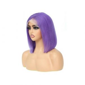 perruques avec une frange soign&eacute;e pour les femmes Perruques courtes en cheveux humains rose clair, coupe au carr&eacute;, 13x4, dentelle transparente, pr&eacute;-&eacute;pil&eacute;es ondul&eacute; fris&eacute;(Rose Purple,14inches) (yichangljxiu, neuf)