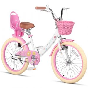 Glerc 20 Pouces vélo Fille âge 7 8 9 10 11 13 Ans vélo Enfant Style Princesse avec siège poupée Panier Kickstand Cloche,Blanc avec pneus Beiges (BikeJune-EU, neuf)