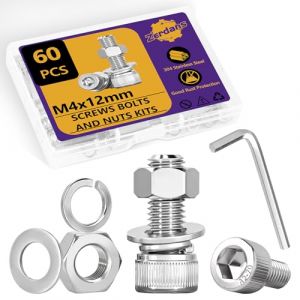 Lot de 60 vis &agrave; t&ecirc;te hexagonale M4 et &eacute;crous M4 x 12 mm en acier inoxydable - Vis cylindriques &agrave; six pans creux et rondelles avec 1 cl&eacute; plate pour projets d'impression 3D (15 lots) (haitongda direct, neuf)